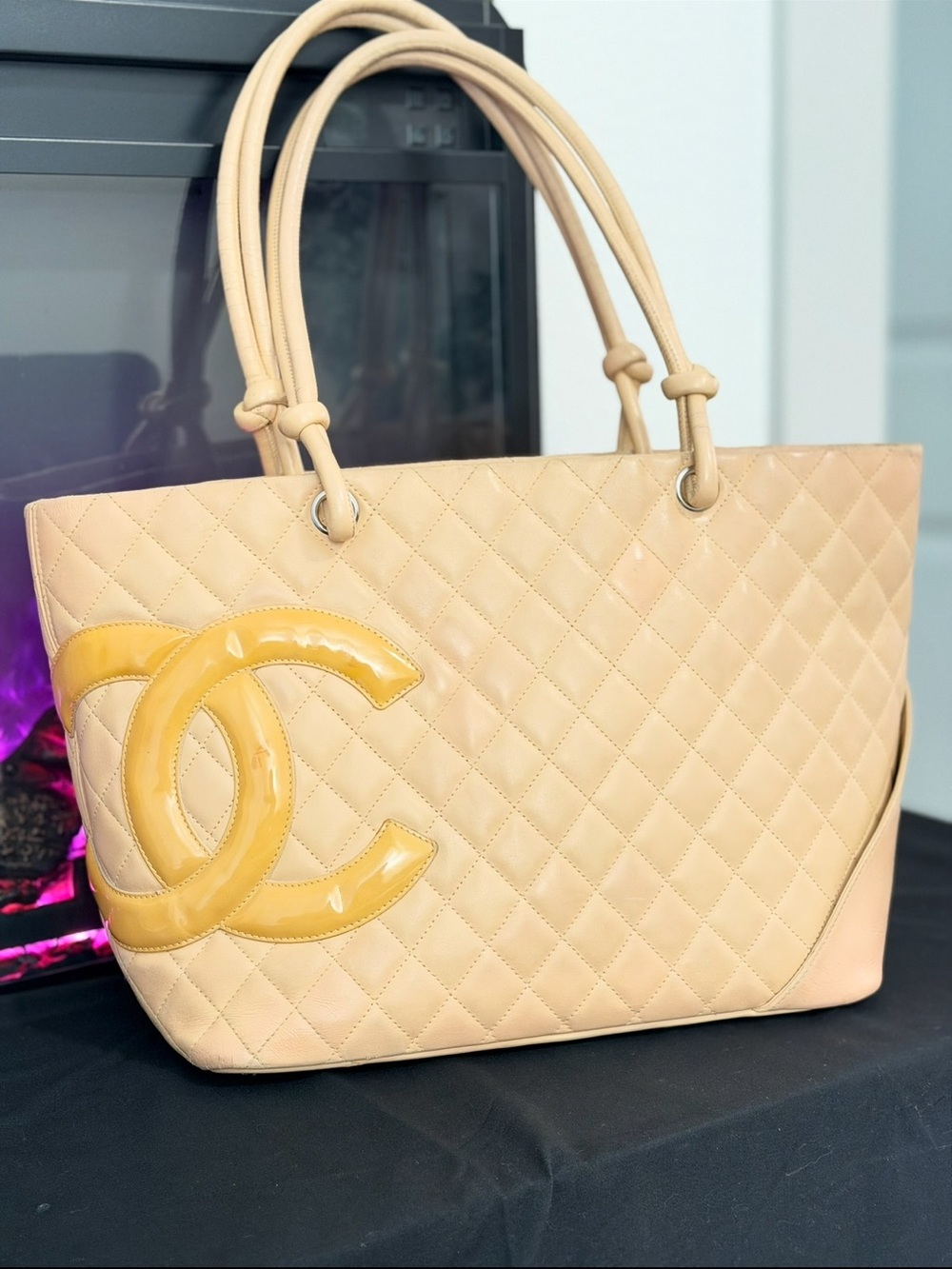 CHANEL Beige Quilted Tote with Yellow CC Accent